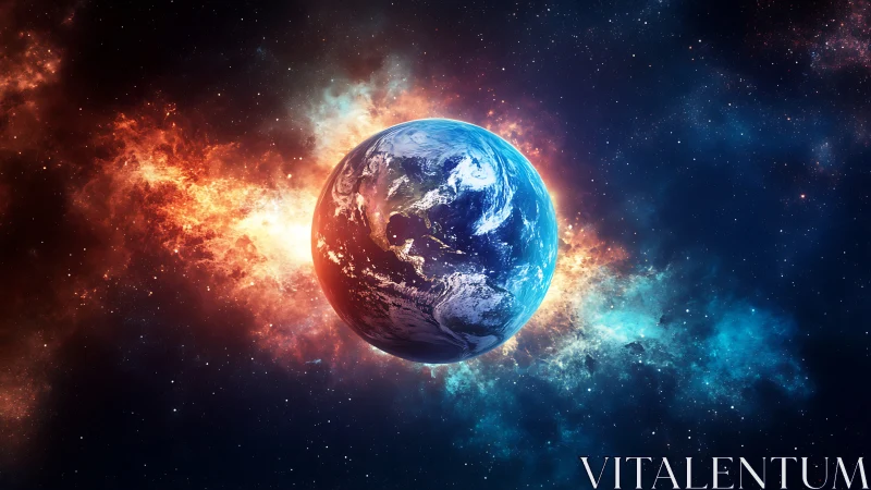 Planet Earth rendered in space with surrounding colorful nebula