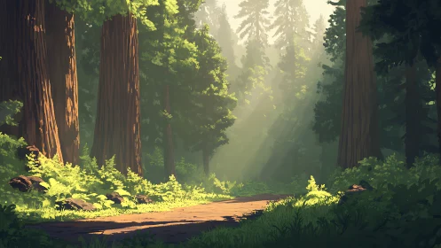 Misty Redwood Forest Path. Cathedral Light Through Ancient Trees.