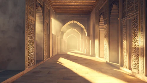 Sunlit Islamic arcade with ornate lattice arches at dawn.