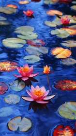 Radiant Aquatic Blooms: Vibrant Water Lilies with Pad Vegetation.