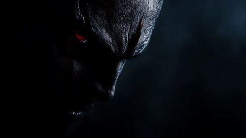 Shadowed red-eyed figure emerging from cinematic darkness.