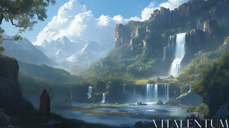 Rugged fantasy valley with layered waterfalls and peaks.