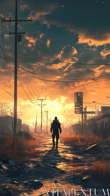 Solitary wanderer strides into a rust-gold postwar sunrise.