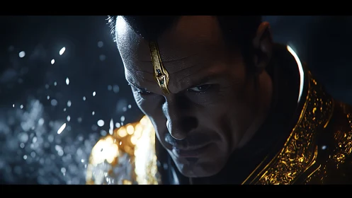 Intense golden sorcerer gazes forward in swirling darkness