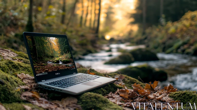 Field-deployed laptop amid mossy stream corridor, bokeh-lit woods.