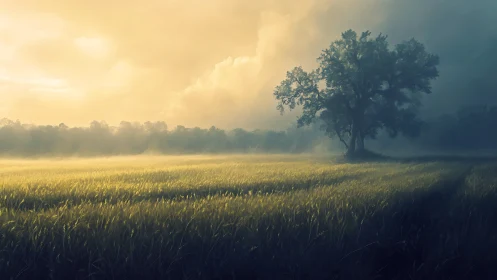 Backlit lone tree in misty meadow under dramatic sunrise sky