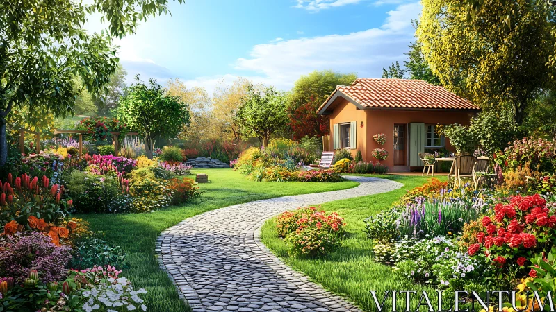 Sunlit cottage garden with winding stone path and flowers.