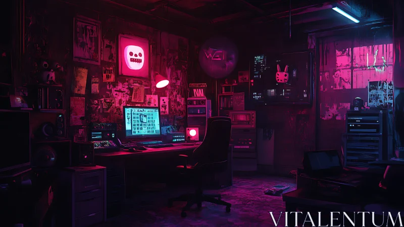 Neon hacker hideout glowing with secret midnight schemes.