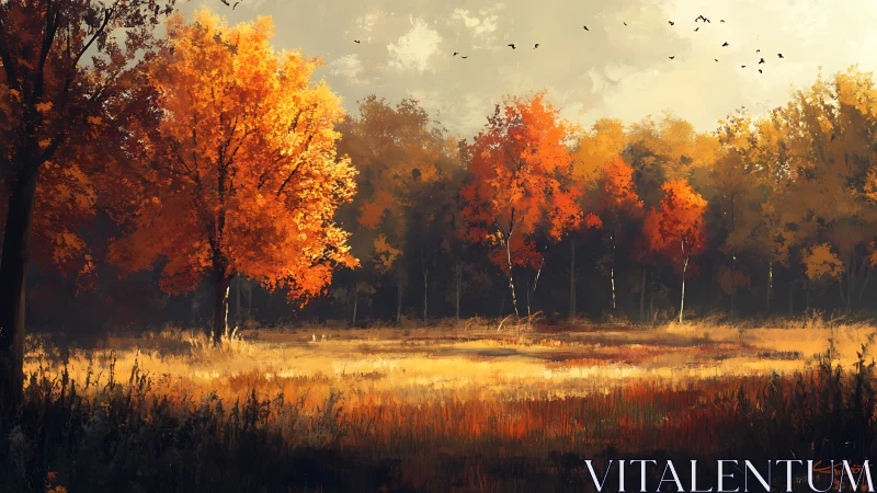 Golden autumn trees glow warmly around a quiet open meadow