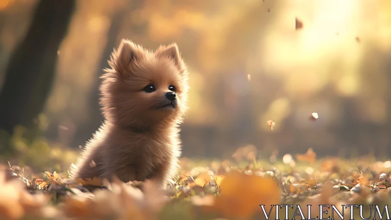 Autumn backlit Pomeranian puppy in shallow depth-of-field forest.