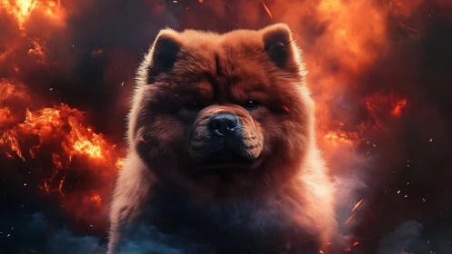 Chow Chow Surrounded by Inferno Flames.