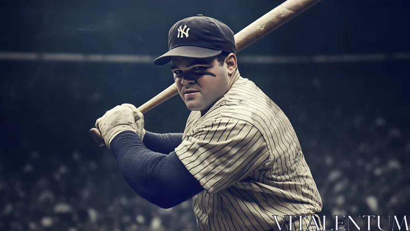 Right-handed batter in pinstripes prepares swing under stadium lights
