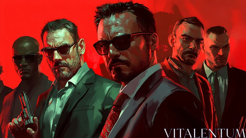 Shadowed suits in a red-lit standoff of quiet intensity.