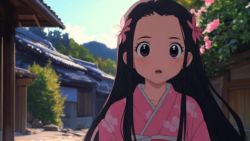 Wide eyed summer kimono girl wandering pastel village lanes.