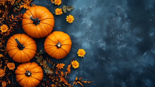 Four small pumpkins and flowers rest on dark textured background