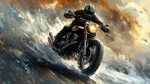 Dynamic motorcycle rider rendered with directional motion brushwork