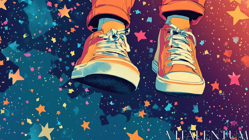 Colorful sneakers float through a dreamy star-filled sky.