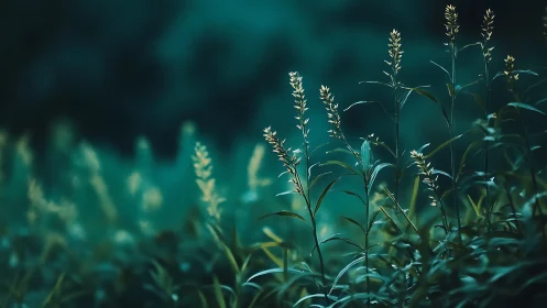 Shallow-depth botanical stalks in teal-toned bokeh field.