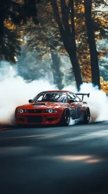 Red drift car carving through forest road smoke plume.