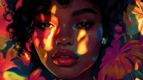Digital portrait in dappled tropical light with neon foliage