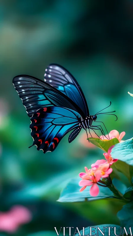 Blue and black butterfly on pink flowers in soft focus garden.