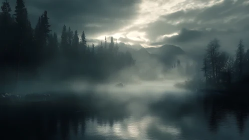 Fog covers still forest lake beneath overcast mountain sky