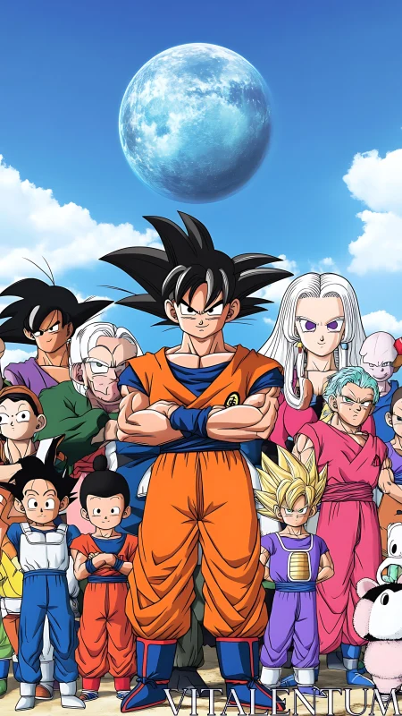 Planetary-aligned anime ensemble in high-saturation character array.