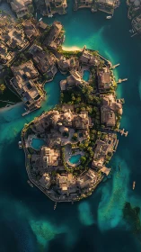 Aerial perspective of coastal development with turquoise water