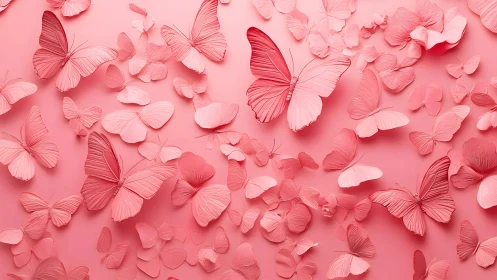 Pink Paper Butterflies on Pastel Background in Artistic Arrangement.