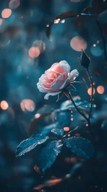 Rose in dusky bokeh light glows with dewy blue contrast.