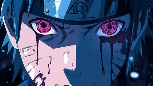 Anime close-up portrait with intense glowing eyes and scars.