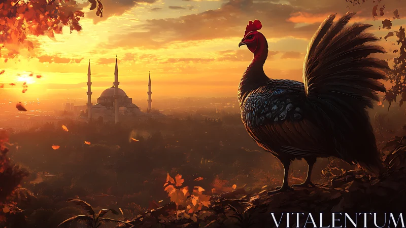 Peacock Overlooks Sunset Citadel in Golden Autumn Landscape