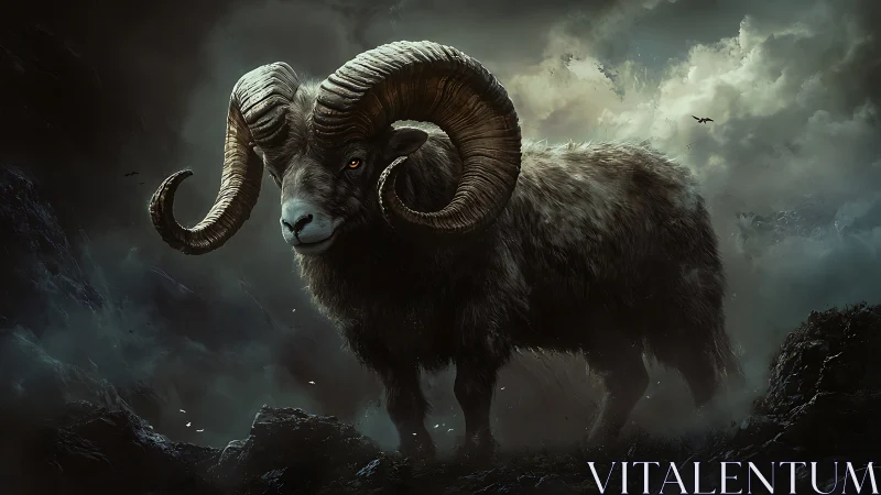Storm-forged ram strides through thunder-bitten mountain mists.
