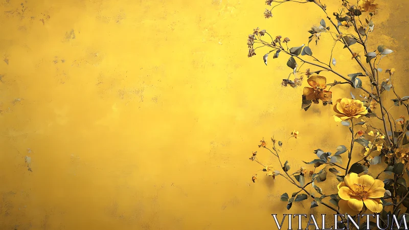 Golden Flowers Against Textured Yellow Wall Background
