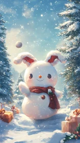 Snow rabbit snowman in pine forest with gifts and snowfall