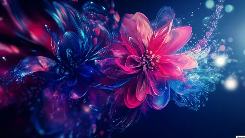 Neon Flowers Burst with Luminous Particles