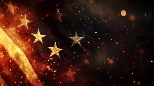 Burning American flag stars amid glowing embers at night.