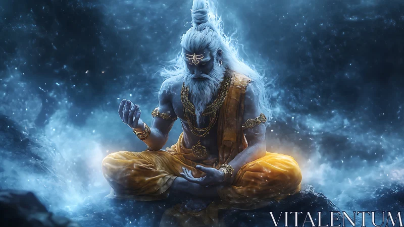 Mystical blue yogi in deep meditation within glowing mist.