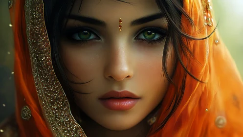 Emerald gaze beneath an ember veil of jeweled whispering light.