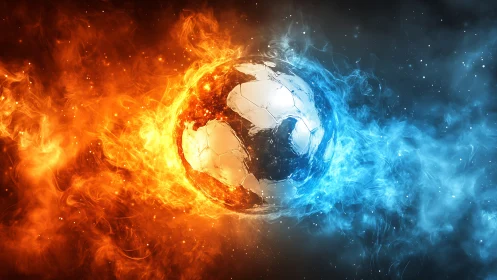 Fiery and icy soccer ball in explosive energy clash.