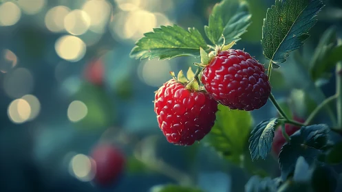 Sunlit raspberries glowing gently in a soft garden haze.