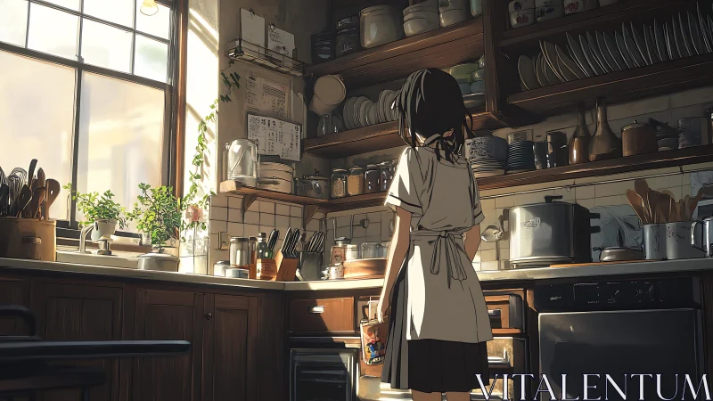 Girl in sunlit kitchen surrounded by warm wooden shelves.