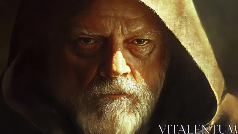 Elderly hooded man with intense gaze in warm light.