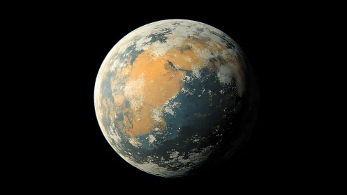 Rendered rocky exoplanet with oceans on black background.