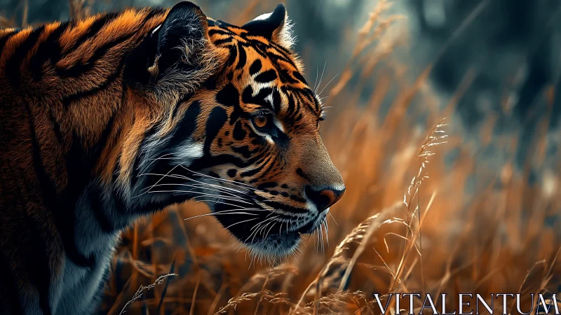 Side-lit tiger profile emphasizes fur microdetail and contrast