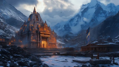 Mountain temple glows against cold twilight peaks and snow