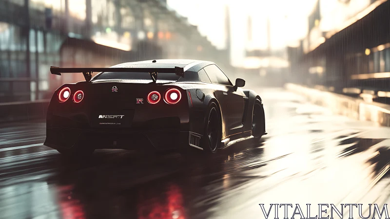 Sleek Nissan GT-R powers through rain on neon city streets.