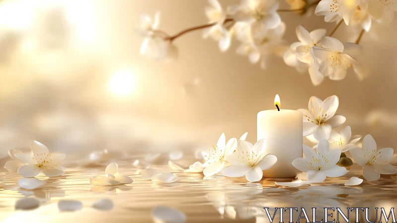 Gentle candlelight glows among soft white blossom petals