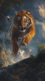 Dynamic frontal tiger leap rendered with dramatic atmospheric depth