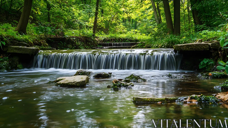 Forest waterfall cascades through moss-covered creek. Period
